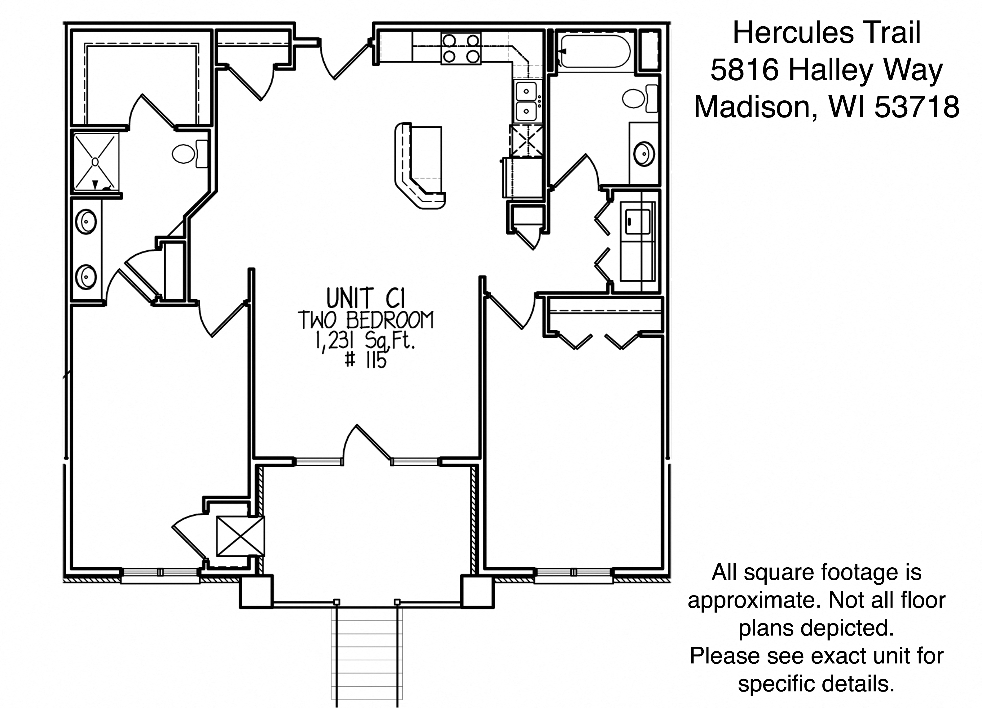 Floor plan for 2 beds, 2 baths, 1231 sqft